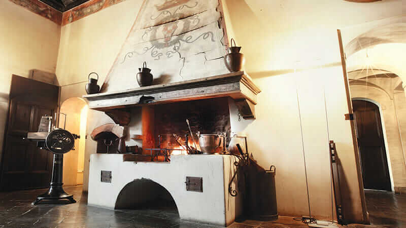 Fireplace in the entrance hall of the castle, one of 14 throughout the hotel.