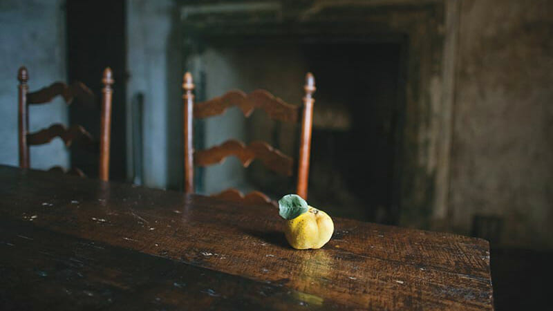 An apple on the table in one of the castle's dining halls.