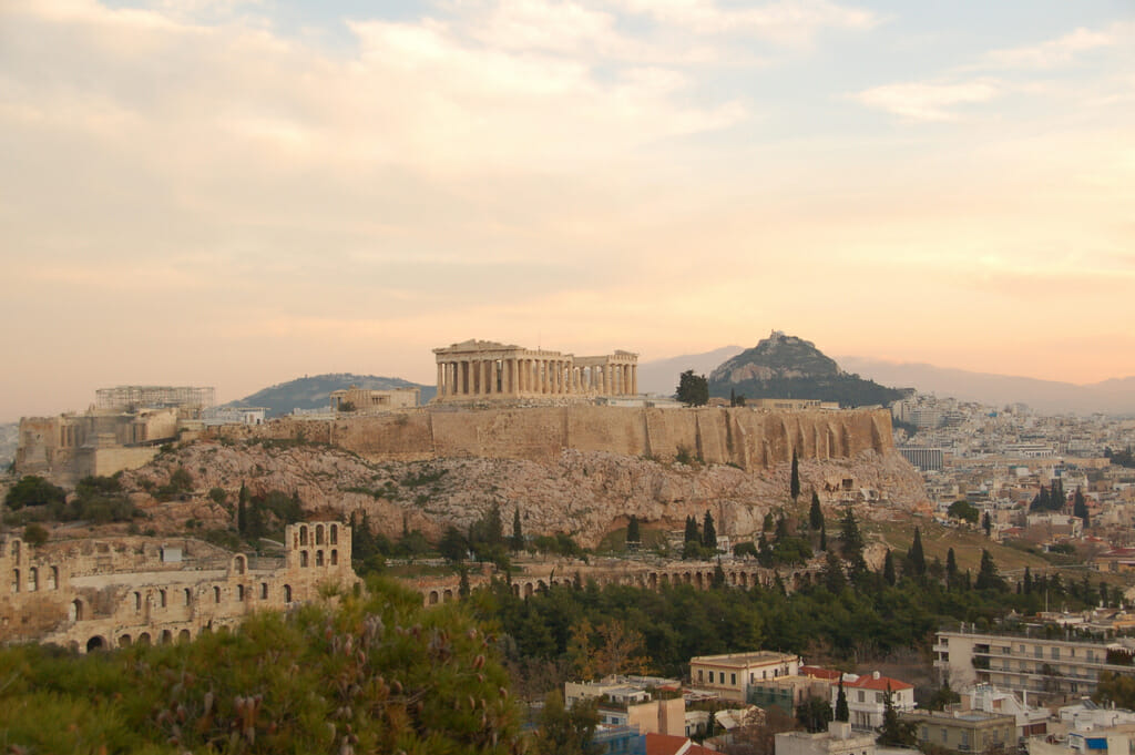 Mount Hymettus rises in the distance behind the Acropolis. Photo: RobW