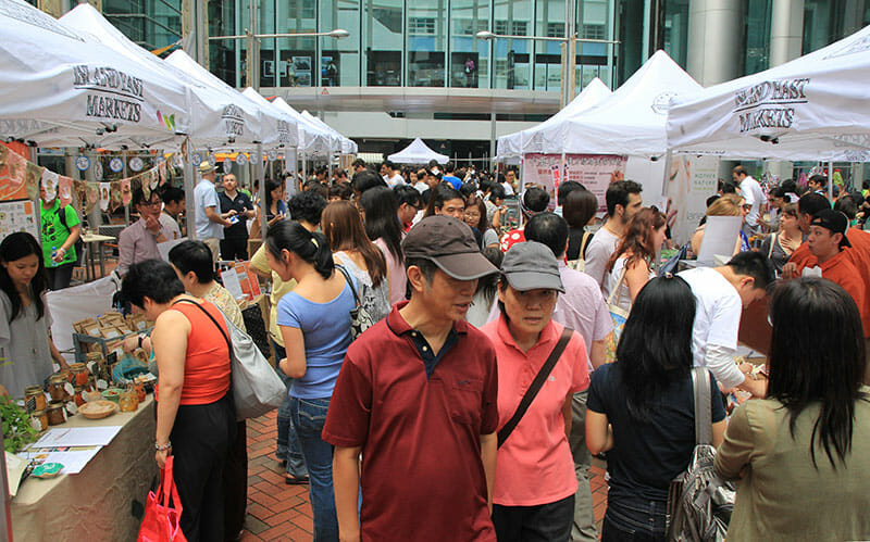 Shoppers crowd in at Island East Markets in Hong Kong.