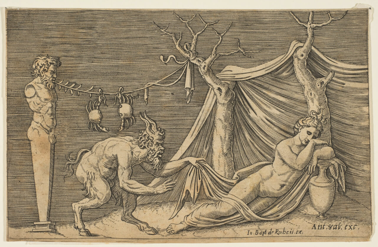 Satyr Discovering a Sleeping Nymph by Marco Dente, ca. 1515”“27, Metropolitan Museum of Art. Half goat men have appeared frequently throughout history, often depicted as devilish and lascivious.