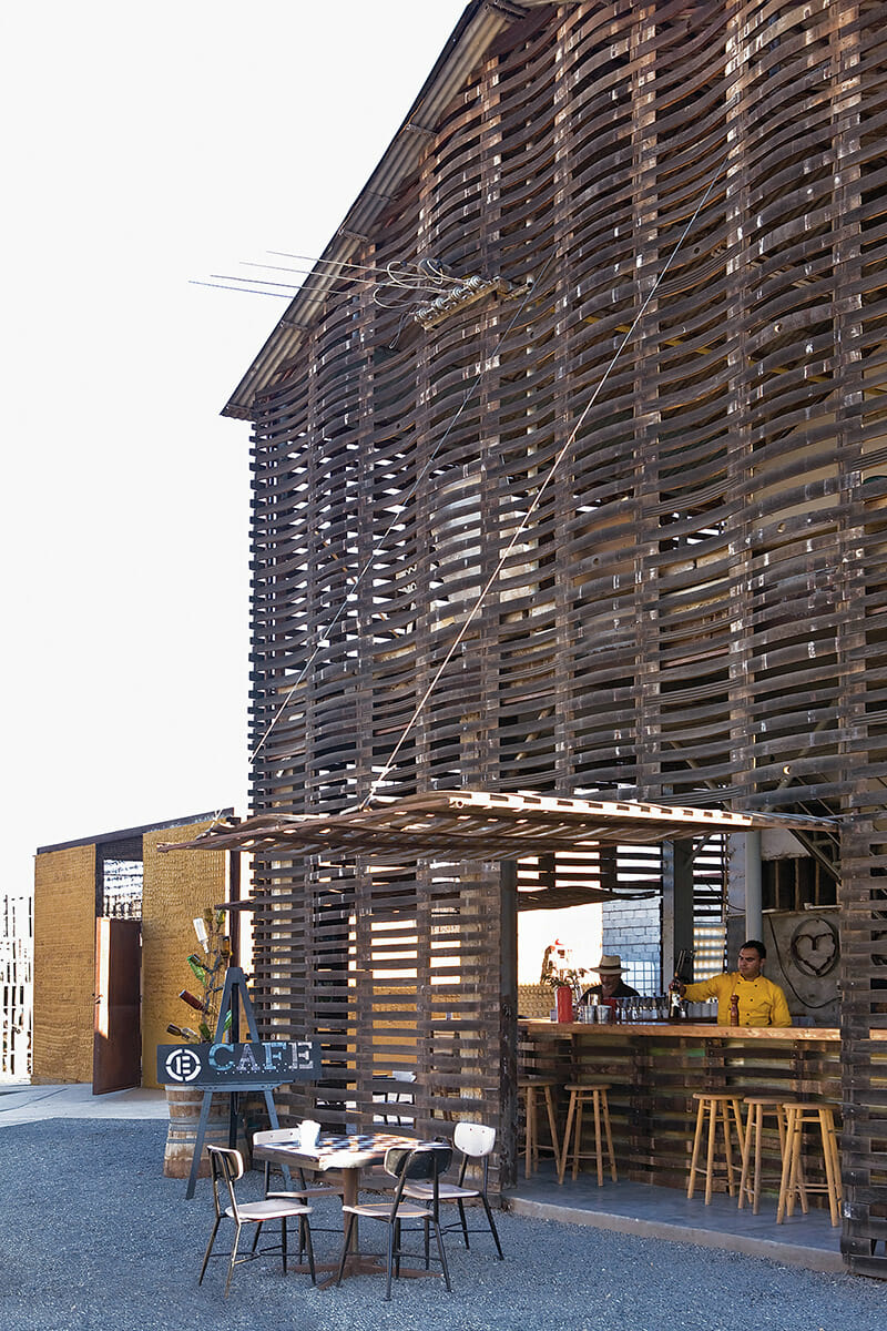 Azul Café's two-story wooden facade is made of deconstructed wine barrels.