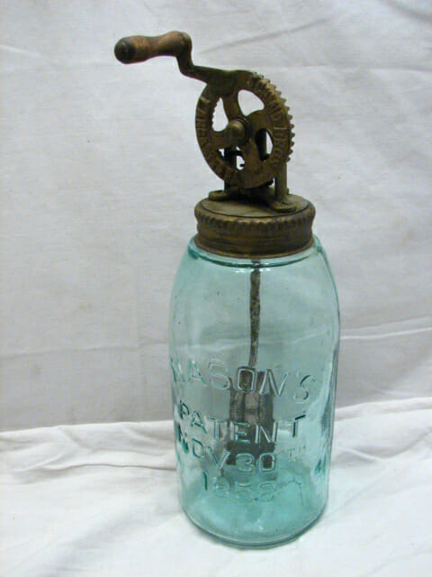 Mason Jar Schmid Butter Churn, Patented Nov 30th, 1858