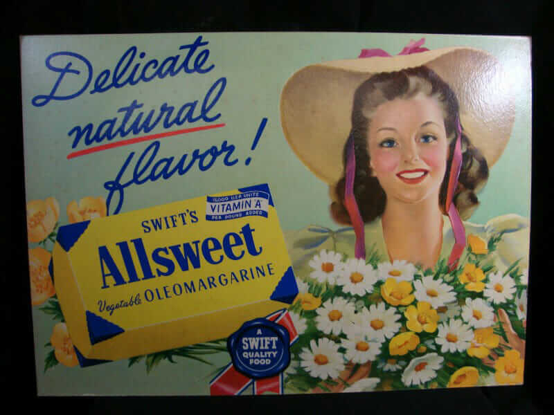 Original Grocery Display Cardboard Sign of Swift's Allsweet Vegetable Oleomargarine. c. 1940. 33 in. x 24 in.