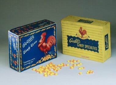 Early boxes of candy corn from Goelitz, with the signature rooster. / Image courtesy Jelly Belly Company