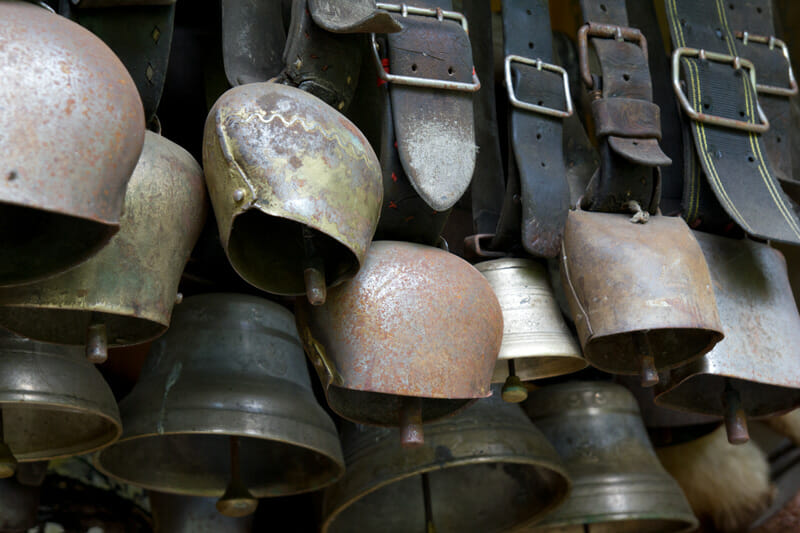 A collection of vintage Swiss cowbells.