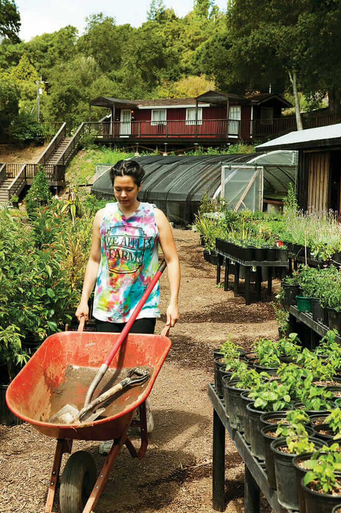 A student heads off to amend (or add compost to ) a garden bed.