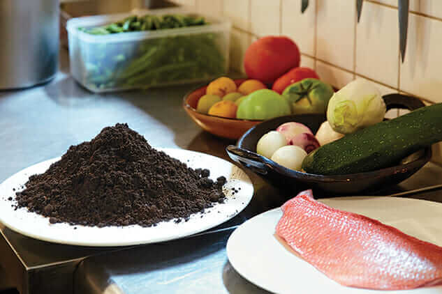 A plate of soil with fresh vegetables and sea bream (a kind of fish).