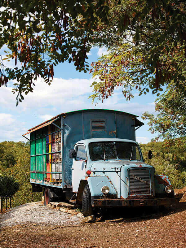 An old lorry finds new life as a beehive near the village of Goce.