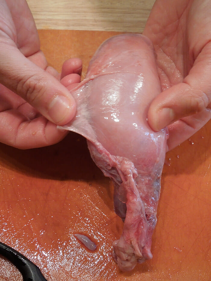 The author removing excess membrane from the bull testicles.