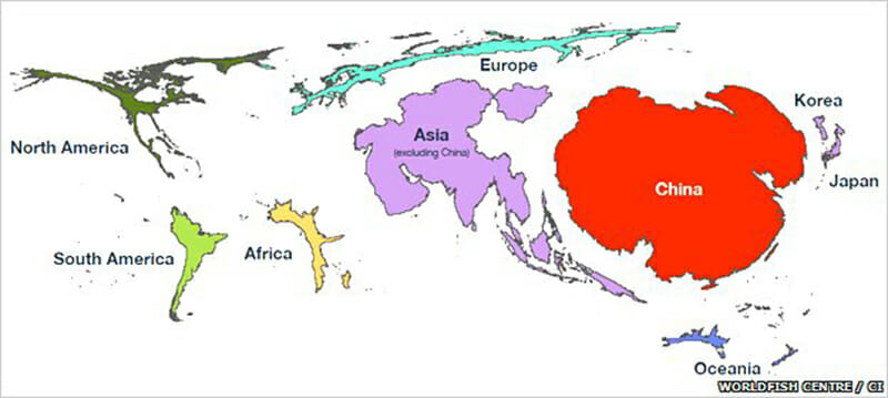 Each region's distorted area show its portion of the world aquaculture operations. Source: Worldfish Centre