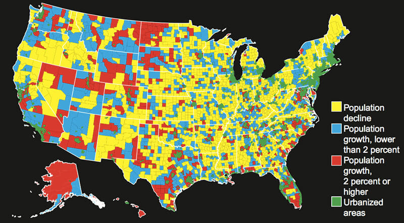 Map shows population change from April 2010 to July 2012, as a percentage of the 2010 census. Source: USDA, Economic Research Service using data from the U.S. Census Bureau.