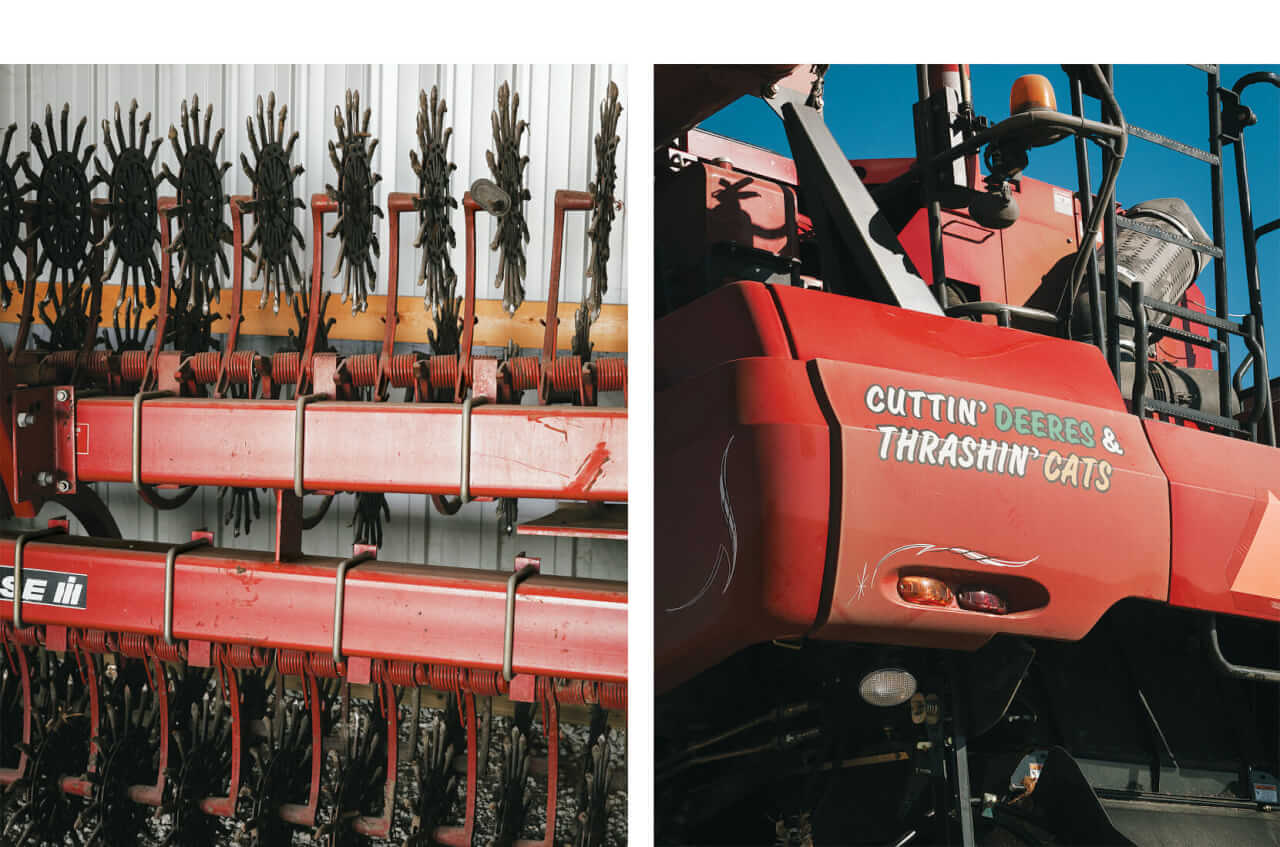 From left: Rotary hoes neatly stacked in Huegerich's shop; The corn combine shows some attitude.