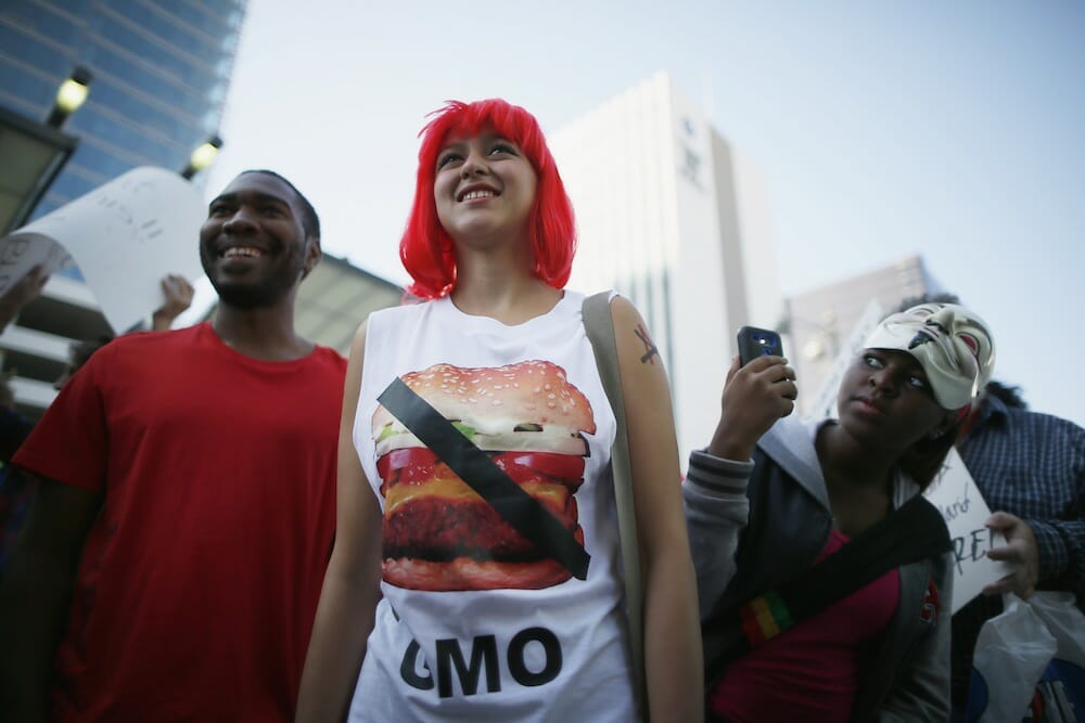 Gladys Roldan, 21, wears an anti-GMO t-shirt during one of many worldwide March Against Monsanto that took place in fall of 2013 in Los Angeles.
