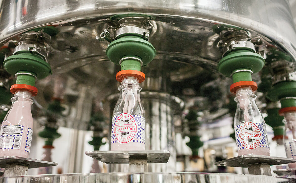 Bottling drinkable yogurt. Ronnybrook's products, which include milk, butter, yogurt, drinkable yogurt, crÁ¨me fraÁ®che and ice cream, are available in New York, Massachusetts, Connecticut and New Jersey. No home delivery is available. For all products but ice cream, all the production and packaging is done at the farm  -  the milk parlor and the packaging fulfillment areas are only separated by a small road.