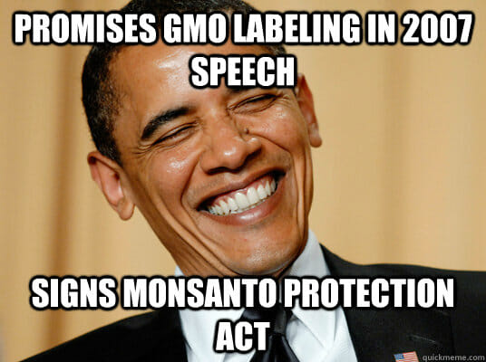 Many memes reference a piece of legislation dubbed Monsanto Protection Act, which addressed issue of crops whose legality was challenged.
