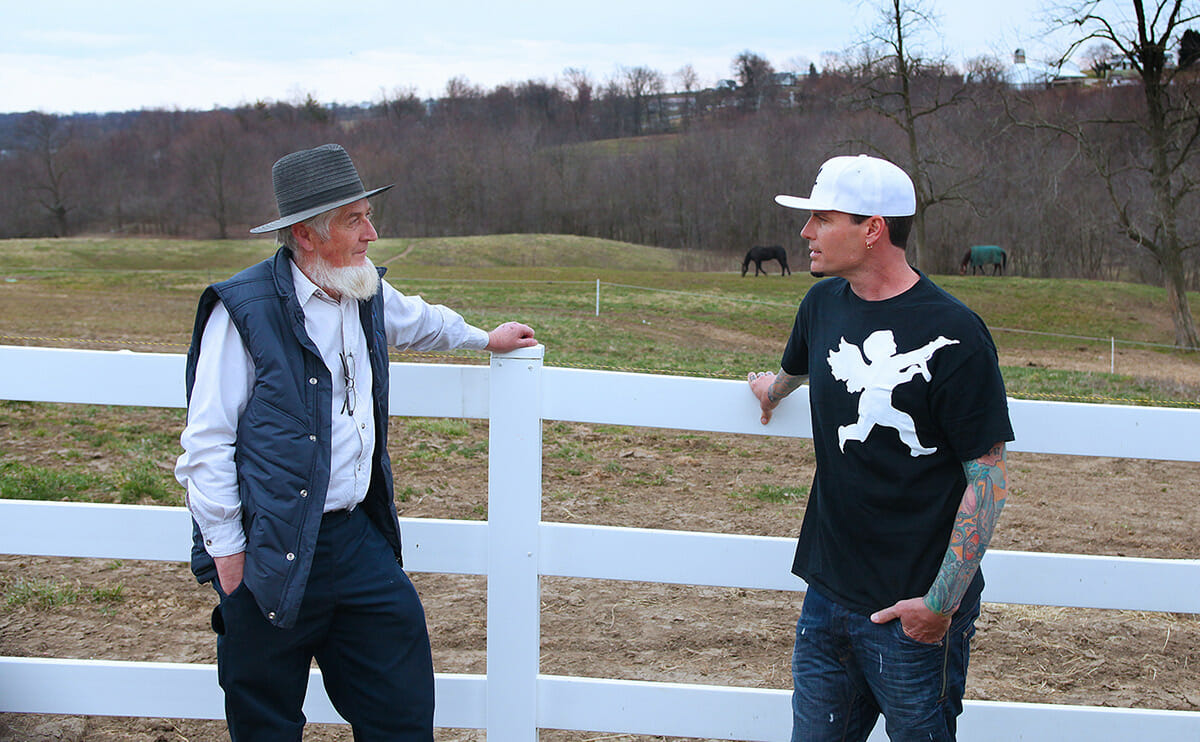 Having a chat with an Amish man.