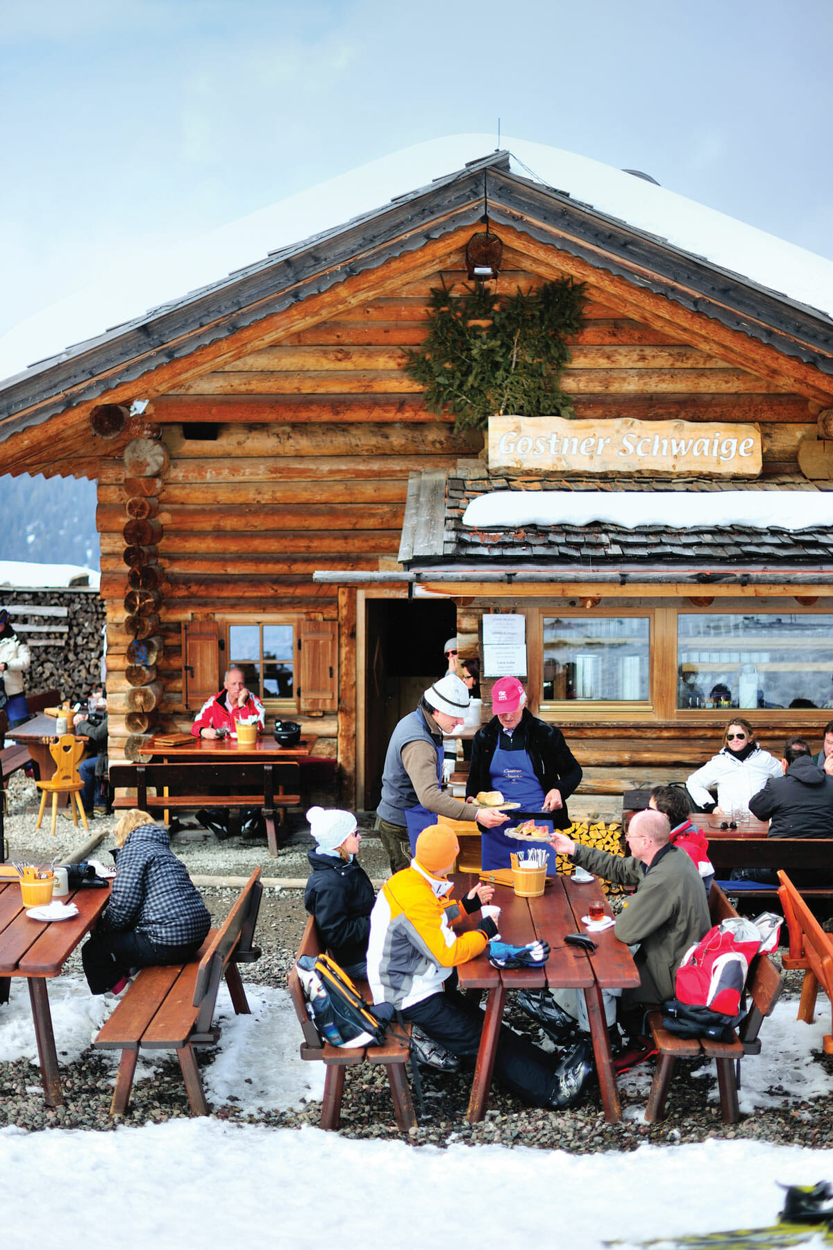 A view of the restaurant's entryway. During the day, hikers and skiiers eat simple fare, and at night more elaborate multicourse meals are served.