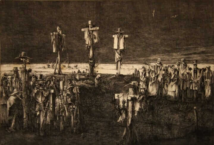 An etching by artist Jim Yarbrough that illustrates the similarity between images of scarecrows and crucifixion.