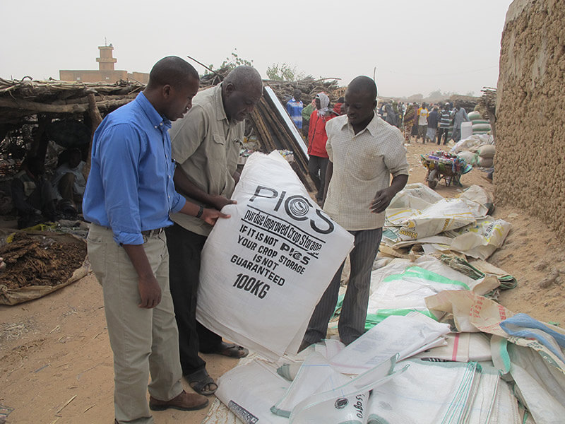 Project Directer Dieudonné Baributsa examines PICS bags for sale at a market in Niger.