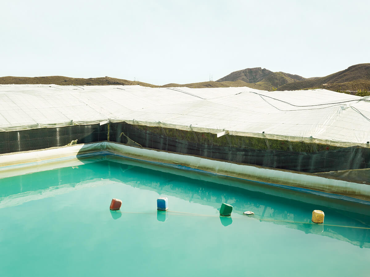 Discarded chemical canisters are reused as floats for an intake pipe in a water reservoir outside a greenhouse in the rolling hills of Andalusia, Spain.