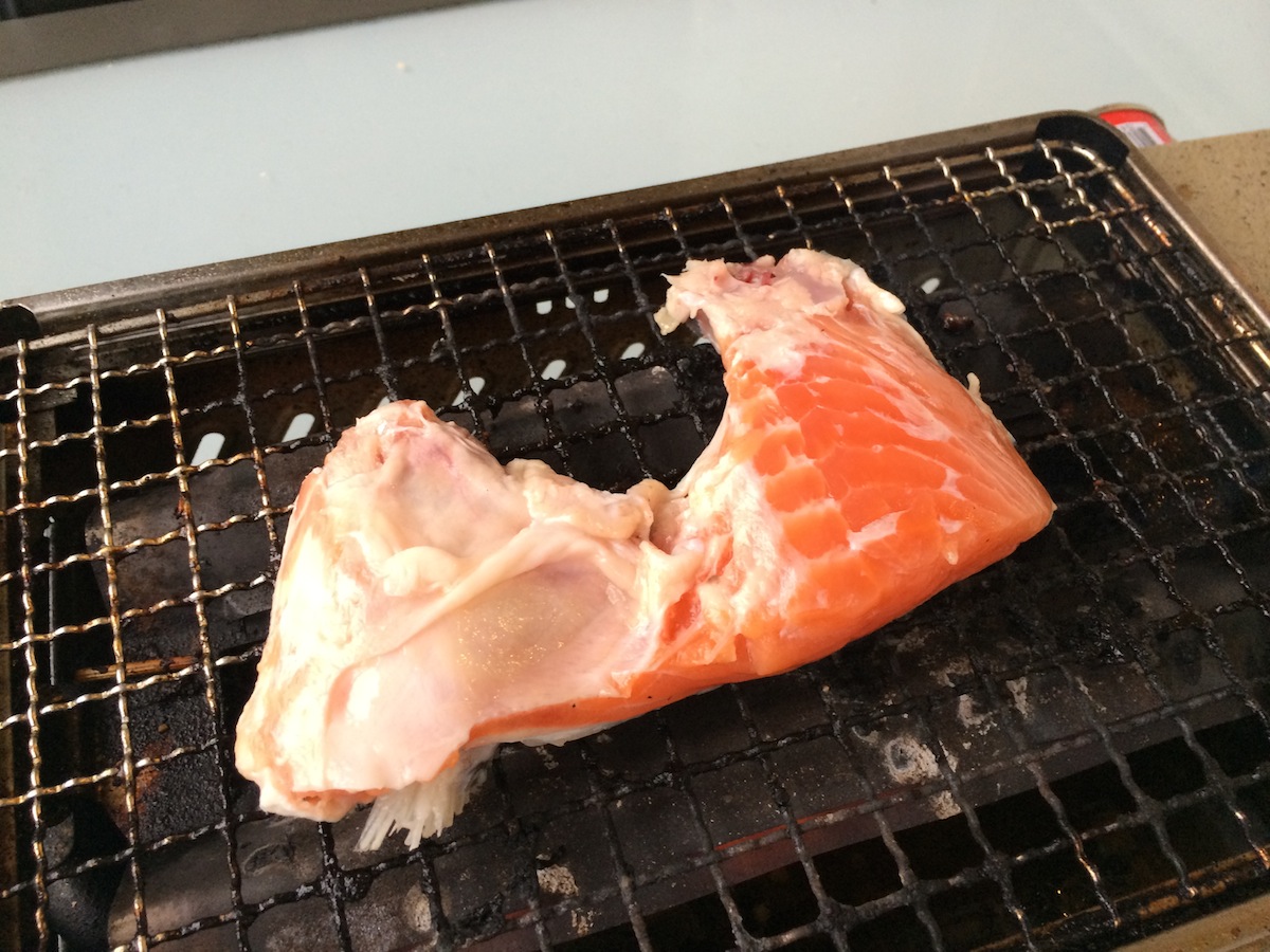 Coating the salmon with collar.