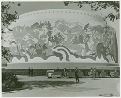 The mural on one of the Food Zone buildings depicting a plentiful harvest. / Courtesy NYPL Digital Archives.