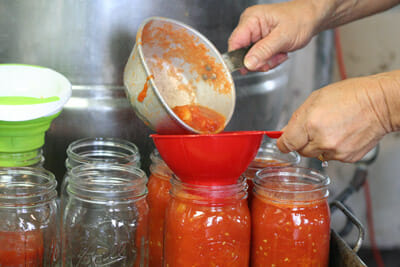 Almost done: the tomatoes are packed into jars before going into the pressure cooker.