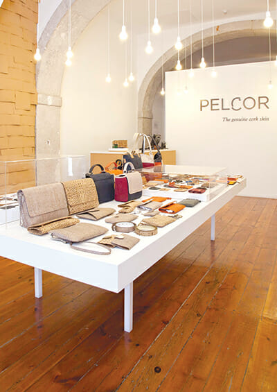 The showroom at Pelcor, where bags and purses made with leather and cork are sold.