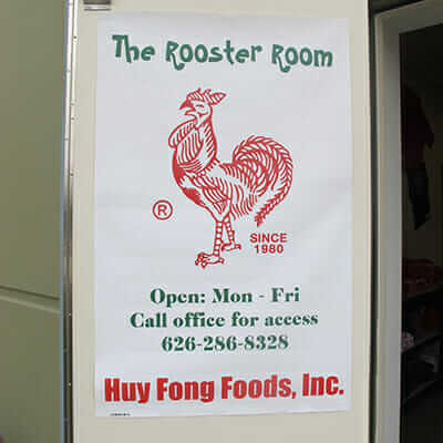 The entrance to Huy Fong Foods' gift shop: The Rooster Room.