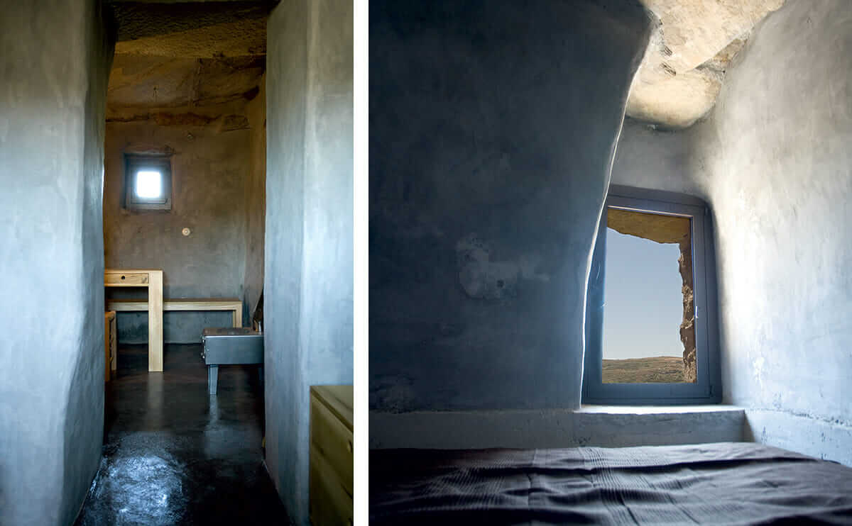 Without electricity, natural lighting illuminates the rooms by day; The bedroom has a view of nearby mountains.