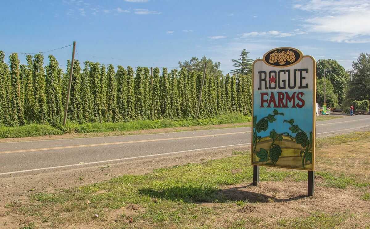 A roadside sign marks the entrance of Rogue Farms. / Courtesy Rogue Brewery.