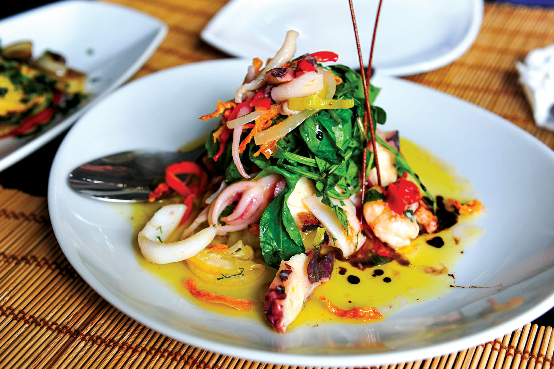 An Adriatic seafood salad (squid, octopus, shrimp, mussels) at Artigiano restaurant in Tirana's fashionable Ish-Blloku neighborhood. / Courtesy Merlin Bakus.