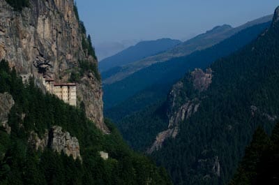 Sumela, a 1,600-year-old Greek Orthodox Monastery perched high on the cliffs of the Pontic Mountains.