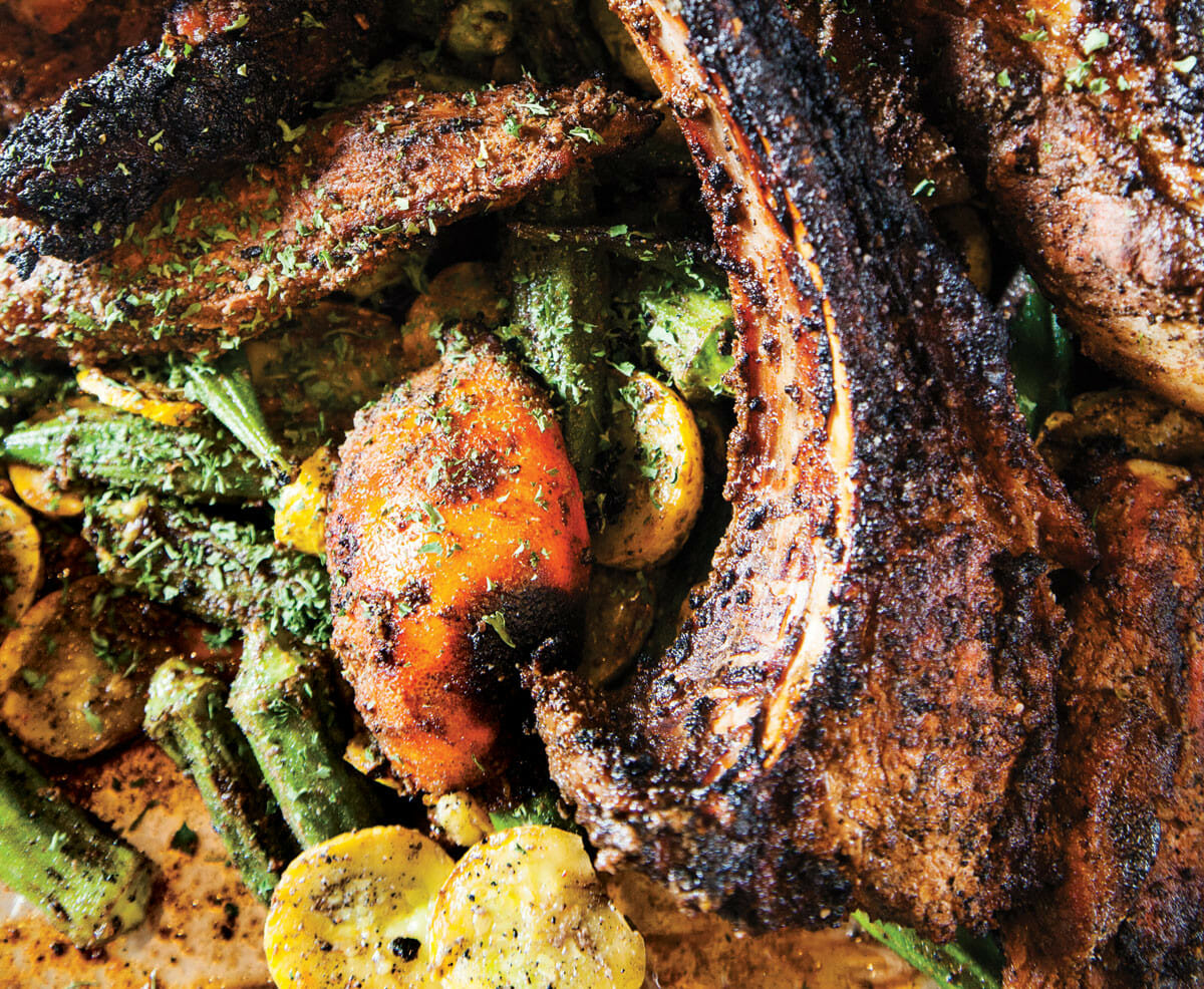 grilled wild boar chops with okra and summer squash