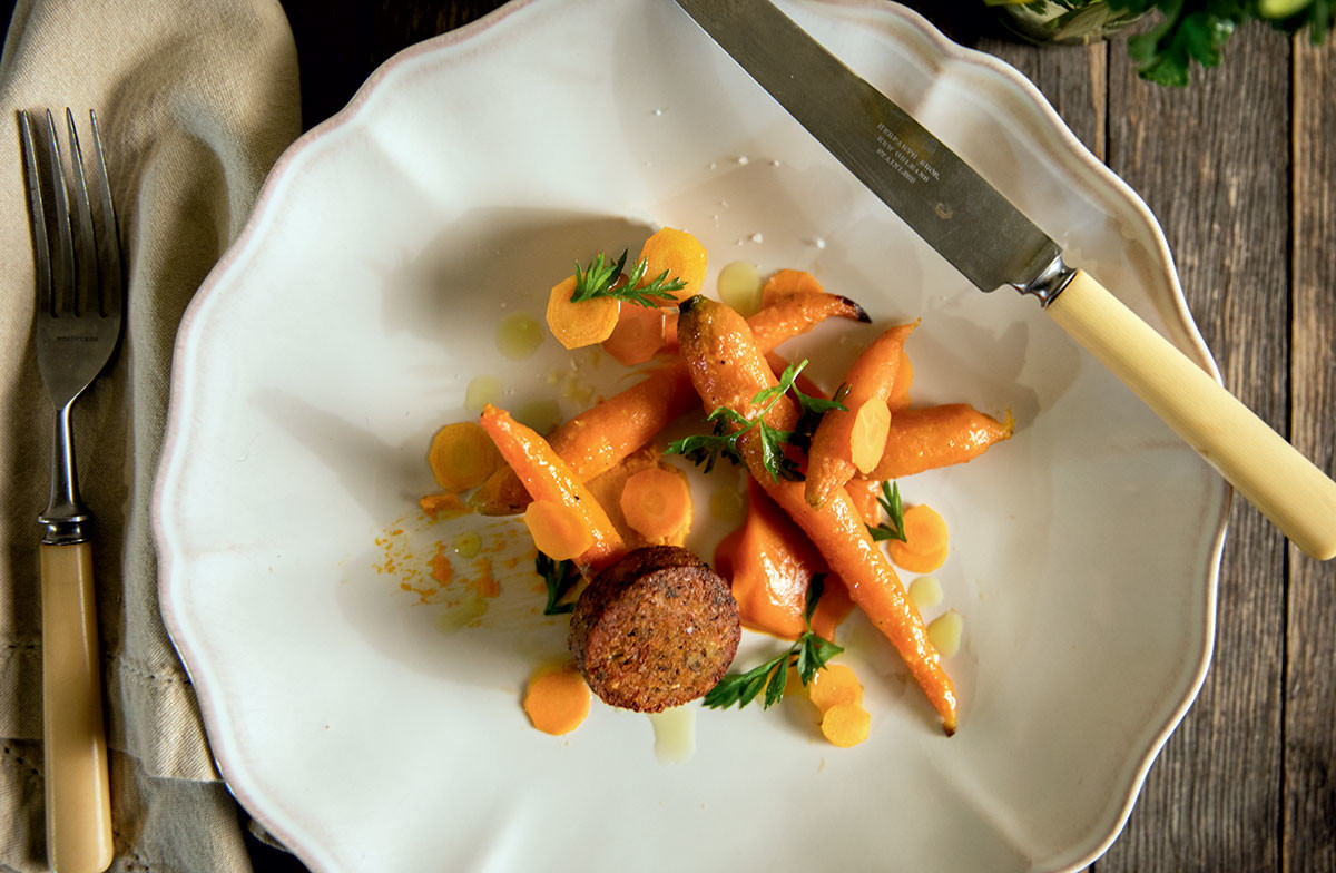 Roasted Carrots and Carrot-Top Frittelles with Ginger-Lime Carrot Purée and Curried Crema