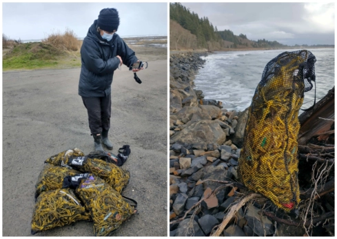 Left: A person stands over several bags full of yellow rope. Right: A bag of yellow rope with the water in the background.