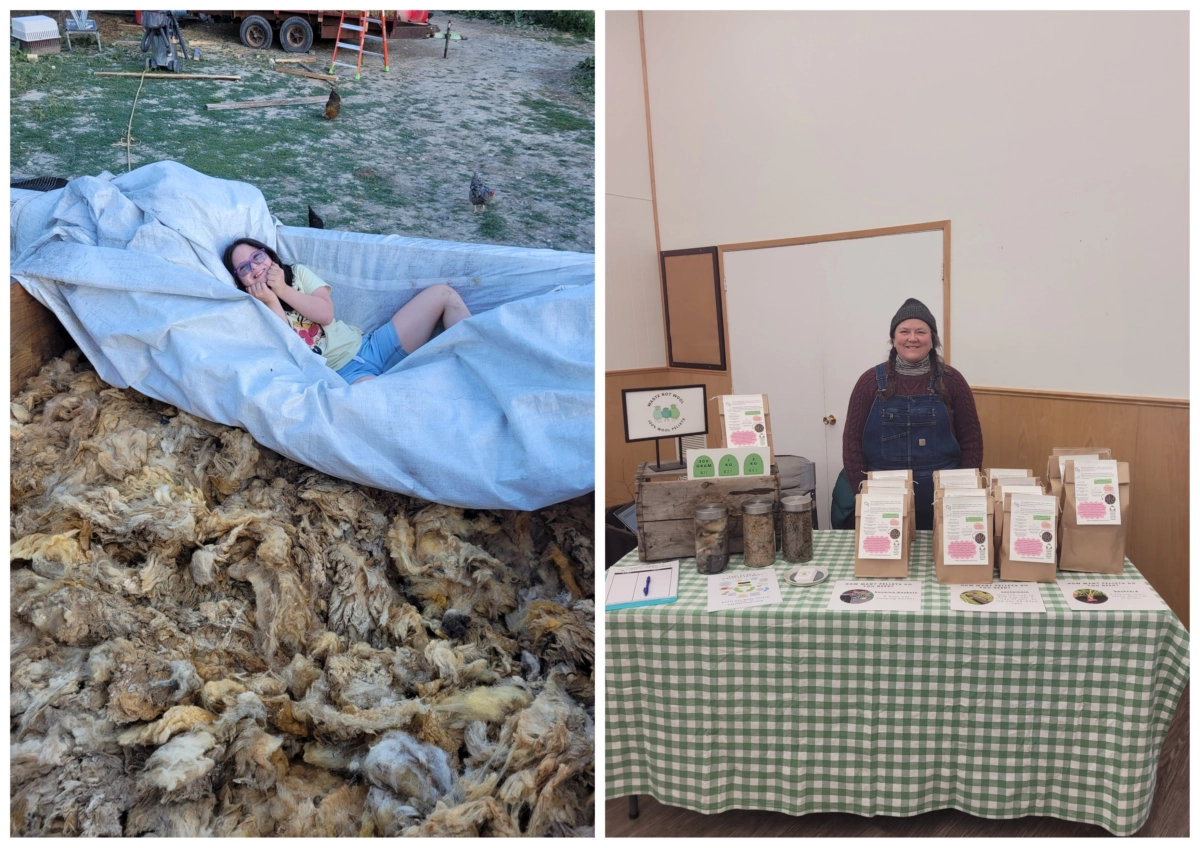 Left: Maksymiuk's child sits over waste wool. Right: Maksymiuk sells Waste Not Wool pellets.