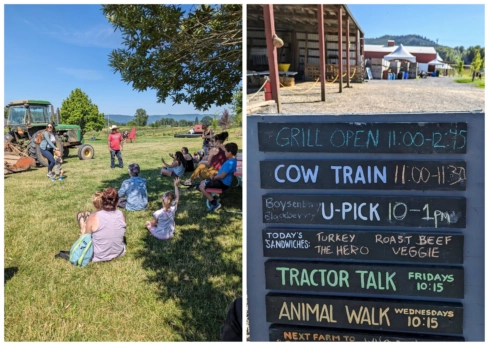 Left: Children learn about the farm. Right: A sign listing some activities guests can partake in at the farm.