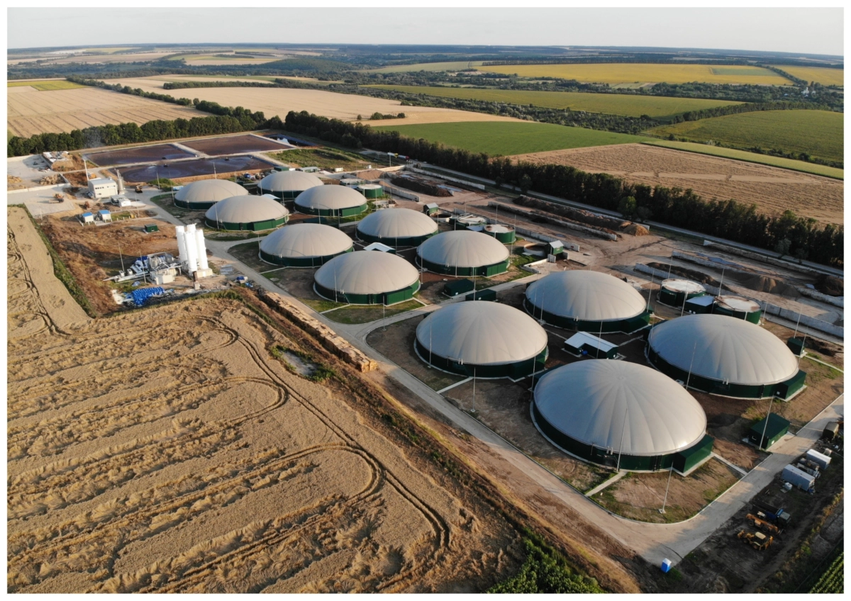 Aerial view of biogas production plant.