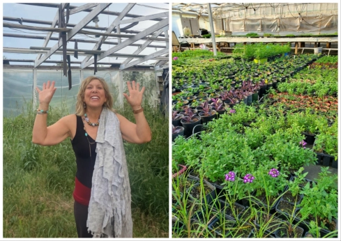 Left: Paula Boles. Right: Plants growing in a greenhouse.