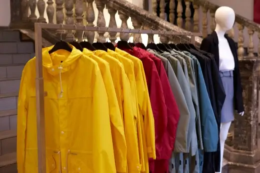 Raincoats in a line.