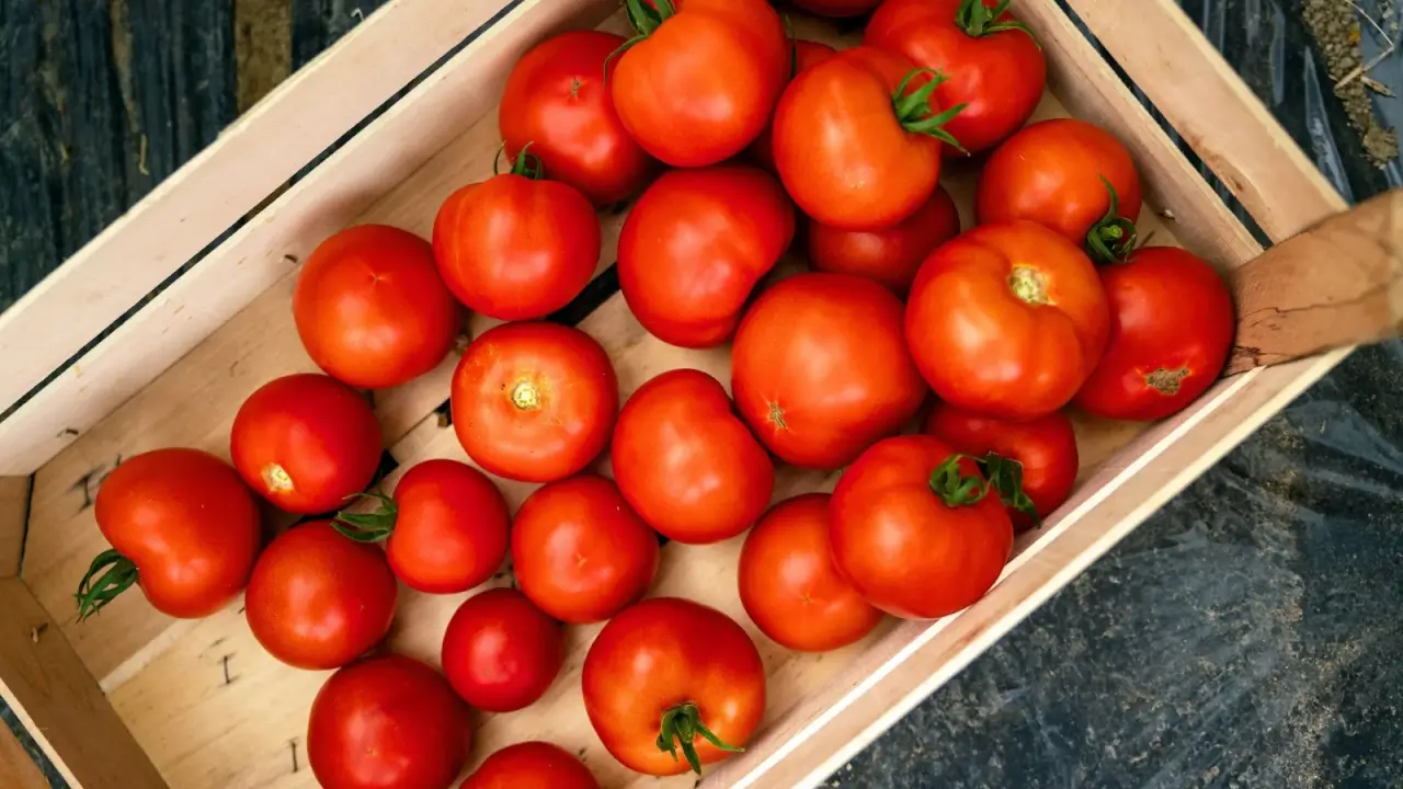 Top view of a wooden box full of fresh round fruits with thin shiny bright red skin.