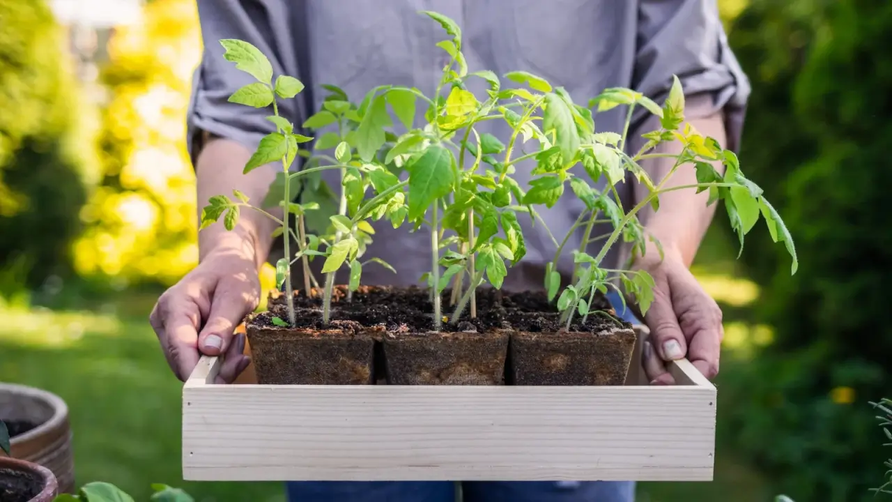 Woman in blue shirt holding wooden tray with young seedlings featuring oval jagged leaves of bright green color on vertical stems growing in peat pots against green garden background.