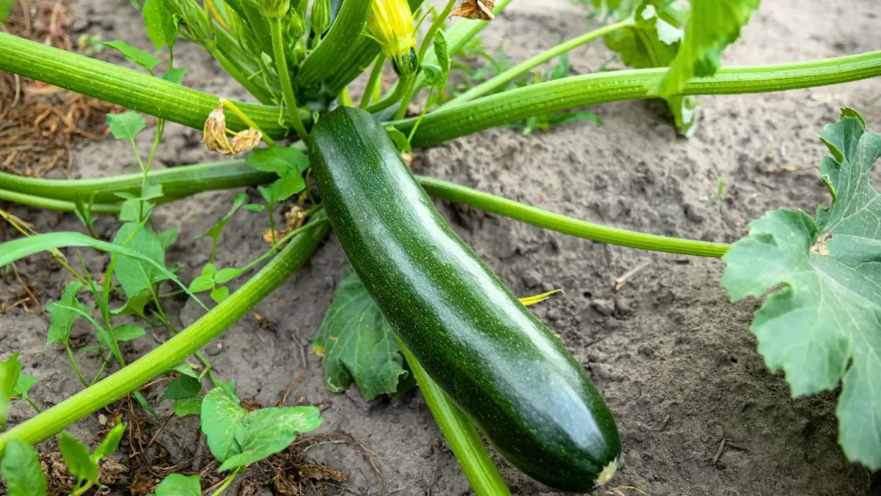 Close-up of a ripe, long, smooth zucchini fruit with glossy, dark green skin growing among thick stems and large, broad, serrated foliage in a garden bed.