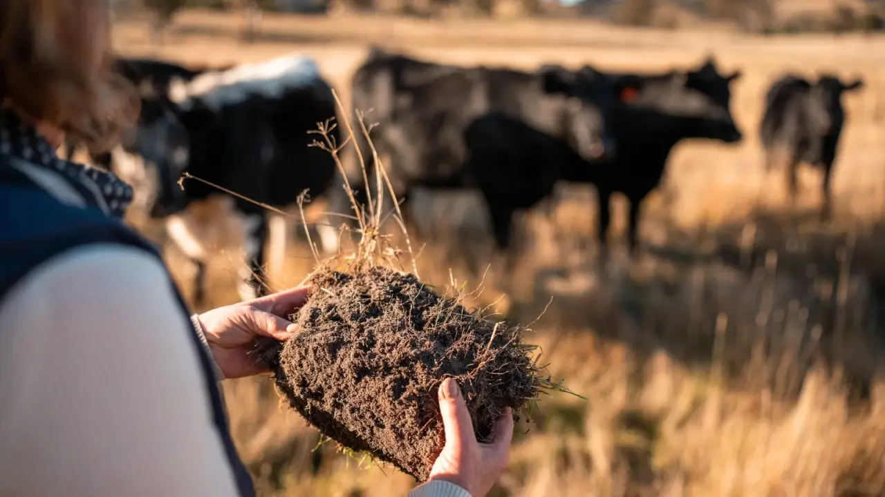 A female farmer holds a freshly dug root ball of a plant, with tiny thread-like roots and loose brown soil, from a pasture against a blurred background of grazing black and white cows.