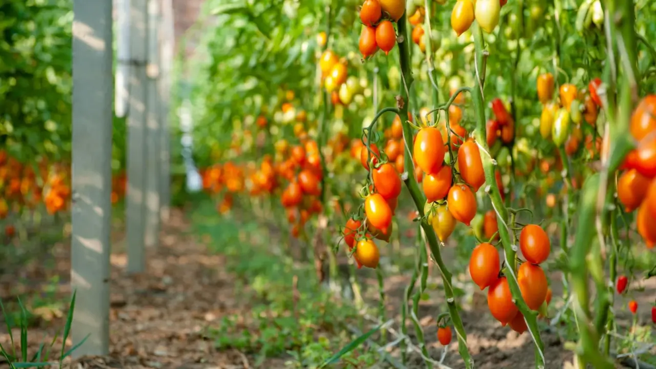 Clusters of ripe oval tomatoes with glossy orange-red skin hang from upright, sturdy stems in a sunny garden.
