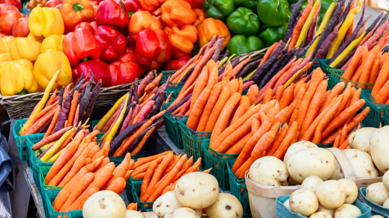 Close up of clean, neatly displayed vegetables such as red, green and yellow bell peppers, colorful carrots and potatoes on the shelves at a farmers market.