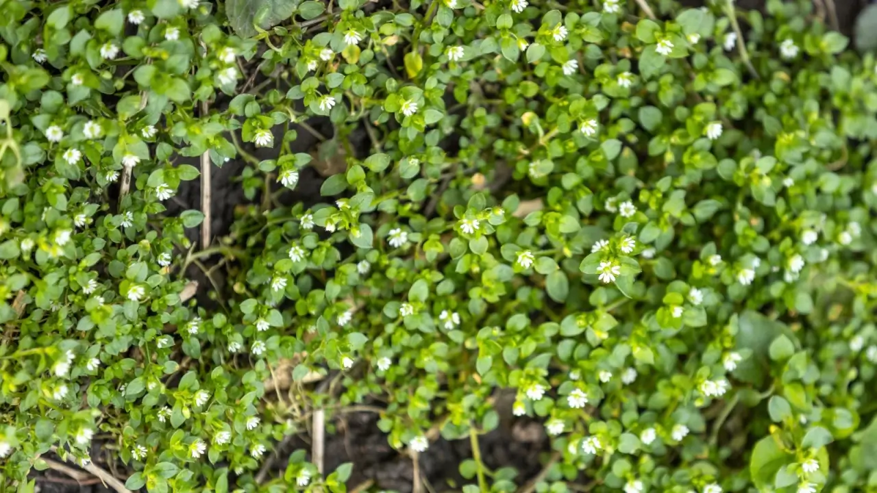 Groundcover plant with small rounded green leaves and tiny white daisy-like flowers, close-up.