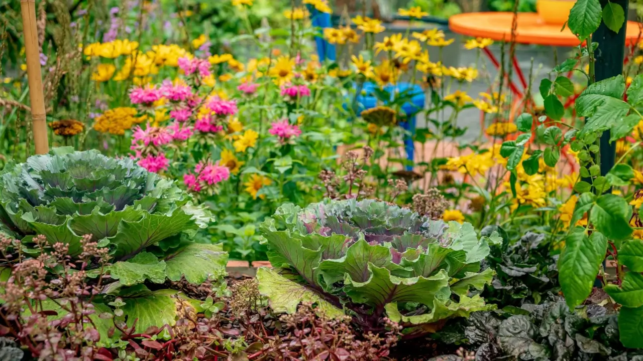 Close up of ornamental kale plants growing among rose bushes, blooming purple monarda didyma, bright yellow false sunflowers in a flower bed in a sunny garden.